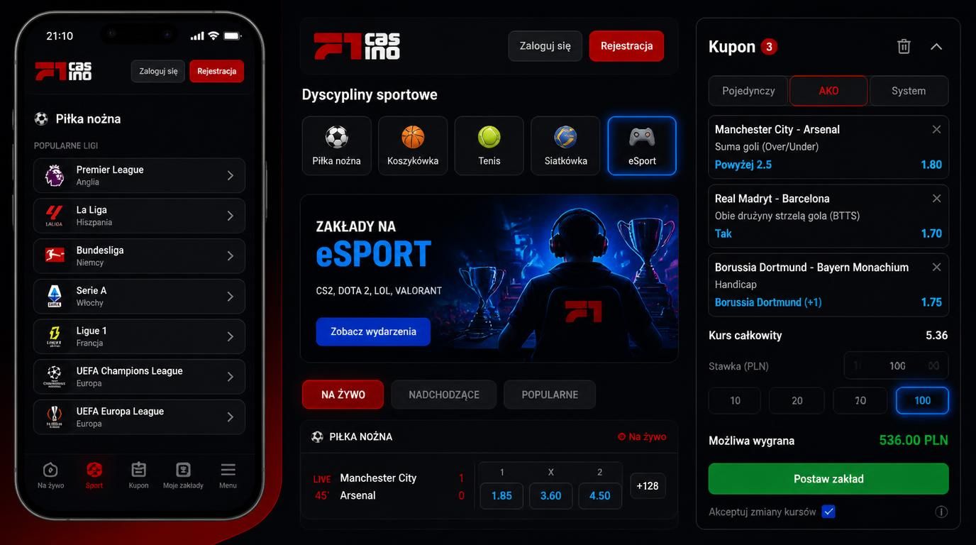  widok interfejsu z rynkami piłki nożnej, e-sportu i over/under 