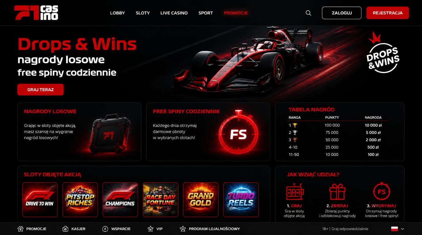 ekran z promocją Drops &amp, Wins, losowe dropy i darmowe spiny 