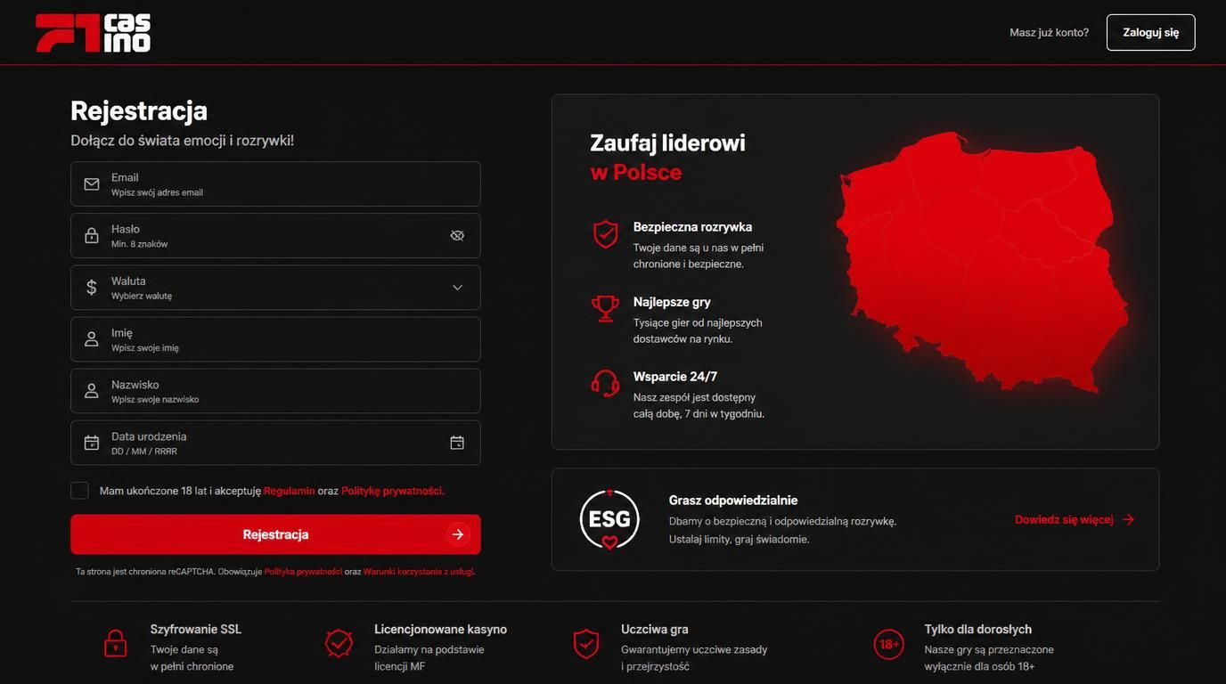 Formularz rejestracyjny F1 Casino z polami osobistymi i walutą dla graczy z Polski