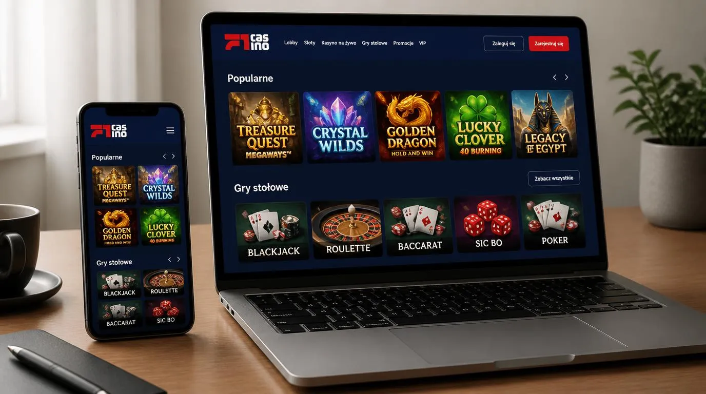 Laptop i telefon z czytelnym katalogiem automatów oraz gier stołowych w przeglądarce
