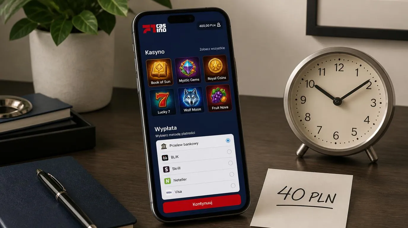 Telefon z ekranem wyboru gier i płatności oraz notatką o minimalnej wpłacie 40 PLN
