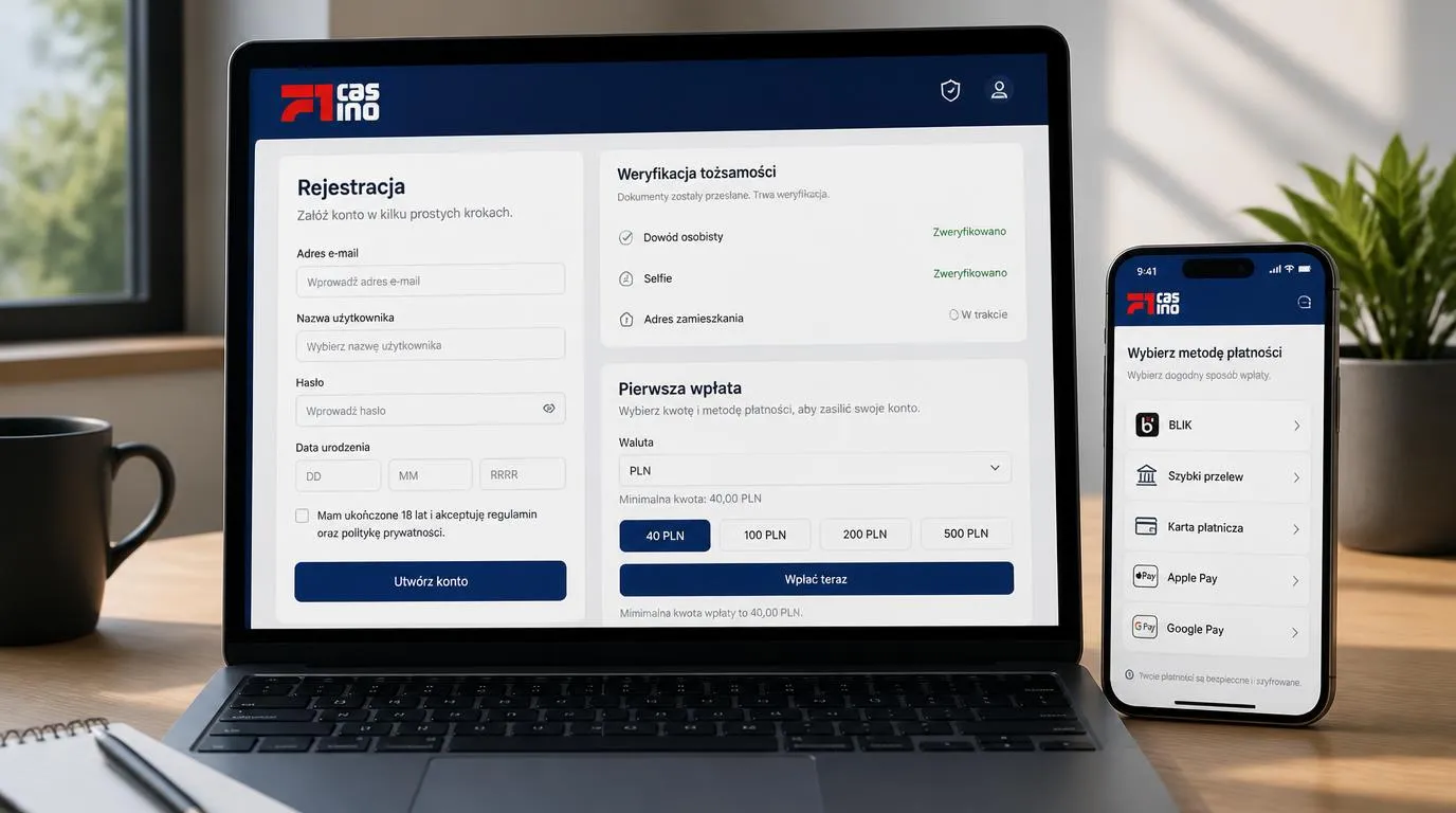 Panel rejestracji kasyna obok ekranu pierwszej wpłaty i weryfikacji tożsamości